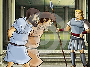 Cartoon scene with roman or greek warrior ancient character near some ancient building like temple