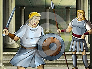 Cartoon scene with roman or greek warrior ancient character near some ancient building like temple