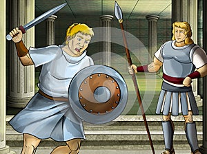 Cartoon scene with roman or greek warrior ancient character near some ancient building like temple