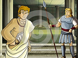 Cartoon scene with roman or greek warrior ancient character near some ancient building like temple