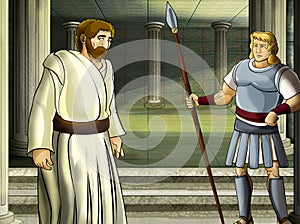 Cartoon scene with roman or greek warrior ancient character near some ancient building like temple