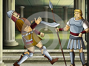 Cartoon scene with roman or greek warrior ancient character near some ancient building like temple