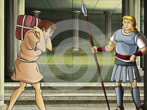 Cartoon scene with roman or greek warrior ancient character near some ancient building like temple