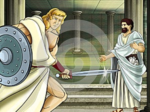 Cartoon scene with roman or greek warrior ancient character near some ancient building like temple