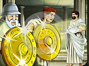 Cartoon scene with roman or greek warrior ancient character near some ancient building like temple