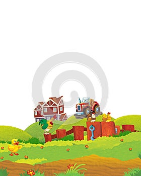 Cartoon scene with rooster having fun on the farm on white background - illustration for children