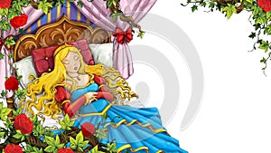 Cartoon scene of rose garden with sleeping princess near castle in the background illustration for children