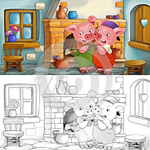Cartoon scene of scared pigs inside the old house - with coloring page