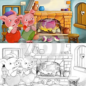 Cartoon scene of scared pigs inside the old house - with coloring page