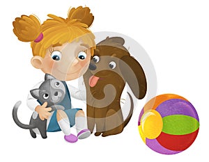 cartoon scene with school girl playing ball having fun with dogs illustration for children