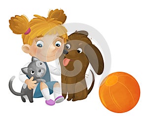 cartoon scene with school girl playing ball having fun with dogs illustration for children