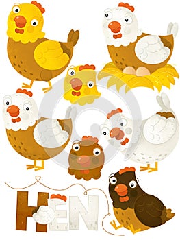 Cartoon scene with set of chickens hens on white background