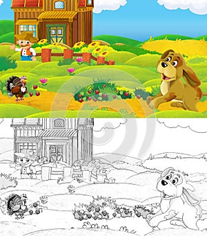 Cartoon scene with sketch farm ranch animal near wooden barn