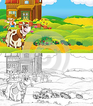 Cartoon scene with sketch farm ranch animal near wooden barn