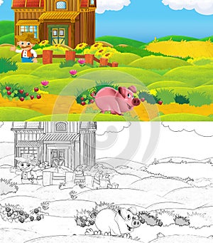 Cartoon scene with sketch farm ranch animal near wooden barn