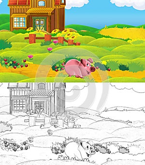 Cartoon scene with sketch farm ranch animal near wooden barn