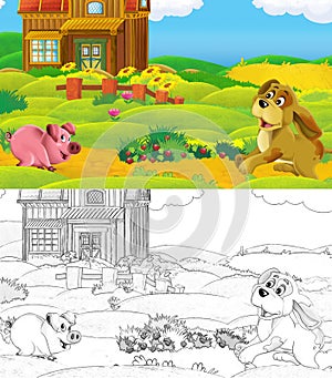 Cartoon scene with sketch farm ranch animal near wooden barn