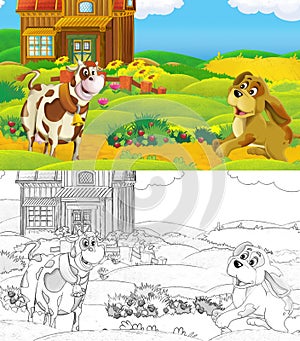 Cartoon scene with sketch farm ranch animal near wooden barn