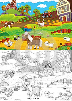 Cartoon scene with sketch with farm ranch animals - illustration