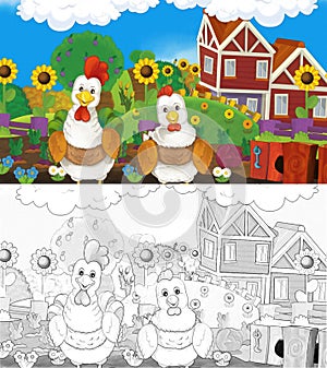 Cartoon scene with sketch with farm ranch animals - illustration