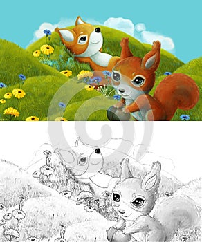 Cartoon scene with sketch with forest animal on the meadow having fun photo