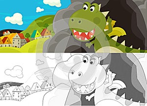 Cartoon scene with sketch green dragon near the cave and village illustration