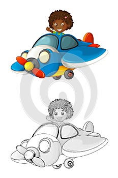 Cartoon scene with sketch with kid in toy traditional plane with propeller flying - illustration