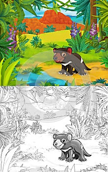 Cartoon scene with sketch tasmanian devil with continent map - illustration