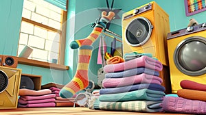 A cartoon scene of a sock soloist performing a power ballad on top of a pile of folded laundry photo