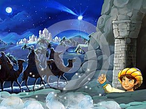 Cartoon scene with some boy in hidden cave entrance seeing three riders