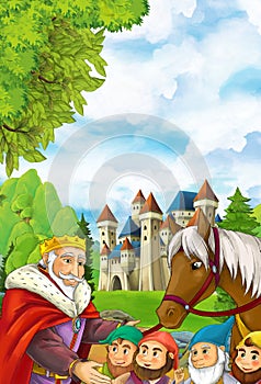 Cartoon scene of some miners or dwarfs near big and colorful castle - king and horse