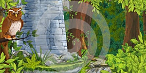 Cartoon scene some stone tower in the deep forest with owl sitting and looking