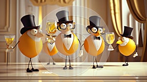 Cartoon scene A straw with a tall top hat and monocle confidently sipping from a fancy goblet while the others watch in