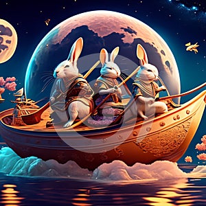 Cartoon scene with three little rabbits in a boat. Fantasy illustration. generative AI