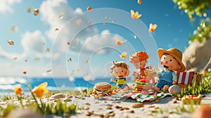 Cartoon scene of a tiny family having a picnic on Lilliputian Beach complete with miniature sandwiches and a tiny picnic