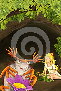 Cartoon scene of tiny young girl sitting underground neat the bug