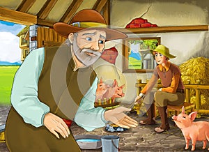 Cartoon scene with two farmers ranchers or disguised prince and older farmer in the barn pigsty