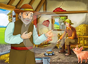 Cartoon scene with two farmers ranchers or disguised prince and older farmer in the barn pigsty