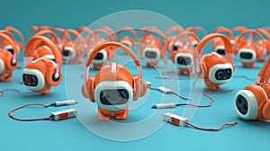 Cartoon scene A USB cable nervously approaching a group of Bluetooth headsets hoping to join in on their hip dance