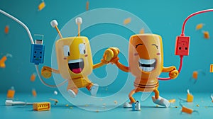 Cartoon scene A USB cable wriggling and gyrating trying to impress a sleek and y printer cable. The printer cable is photo