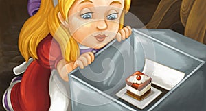 Cartoon scene with very girl smiling and looking on delicious cake in the box