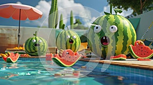 Cartoon scene of a watermelon lifeguard blowing a whistle at a group of watermelons trying to sneak in snacks by the