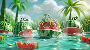 Cartoon scene of a watermelon pool party game where watermelons are blindfolded and trying to catch floating seeds with