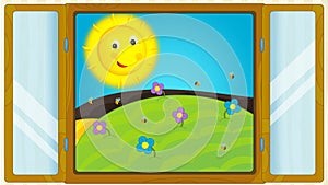 Cartoon scene with weather in the window - sunny meadow