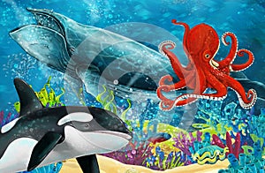 Cartoon scene with whale and killer whale and octopus near coral reef