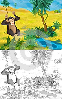 Cartoon scene with wild animal chimpanzee ape monkey in nature - illustration