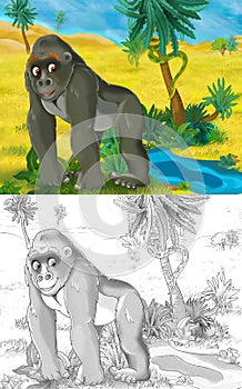 Cartoon scene with wild animal gorilla ape monkey in nature - illustration