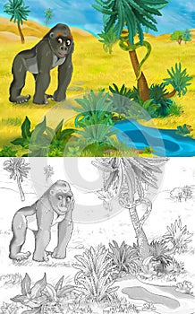 Cartoon scene with wild animal gorilla ape monkey in nature - illustration