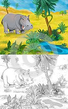 Cartoon scene with wild animal in nature hippo hippopotamus - illustration