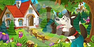 Cartoon scene with wolf in the forest near beautiful wooden farm house